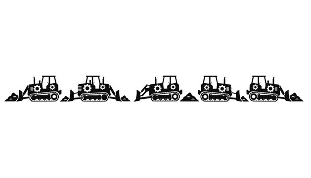 Row of heavy construction bulldozers standing in a line creates a repeating pattern representing industrial development and site preparation.
