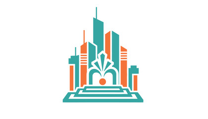 Obraz premium Abstract city skyline featuring geometric buildings and a central water fountain element as a modern corporate logo design for urban development.