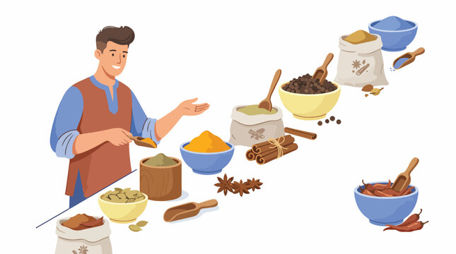 Chef preparing spices and herbs in kitchen illustration.