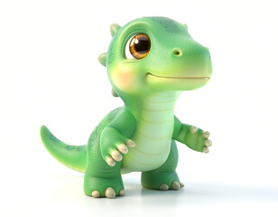 Fototapeta premium A green dinosaur toy stands on a plain surface looking happy