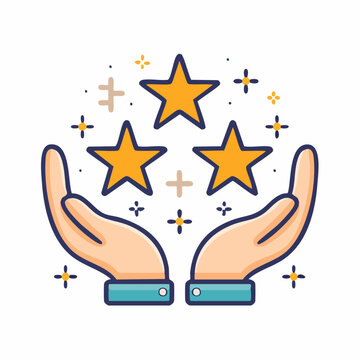 Hands holding three golden stars with sparkles