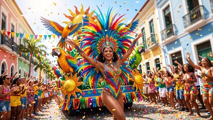 Fototapeta premium Colorful Tropical Carnival Parade with Festive Dancer and Crowd Celebration