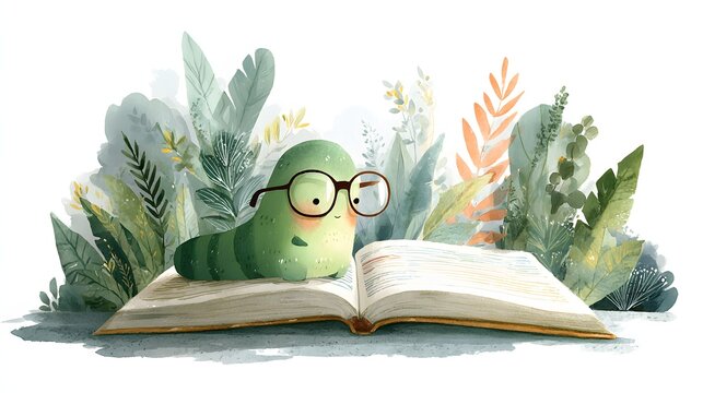Cute bookworm with glasses reading an open book in nature.