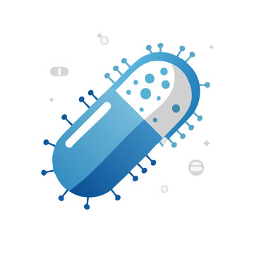 Blue capsule with virus particles flat vector icon