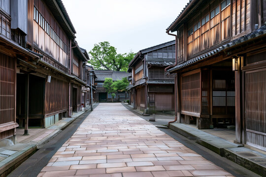 Traditional Japanese old townscape street with stone pavement and historic wooden chaya houses architecture, elegant wabi sabi landscape layout for travel tourism web banner, Generative AI