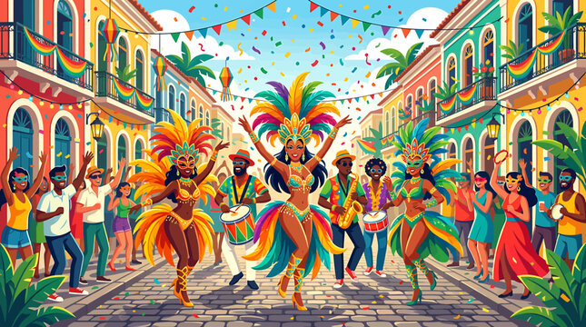 Colorful Carnival Parade in Vibrant Street Setting.