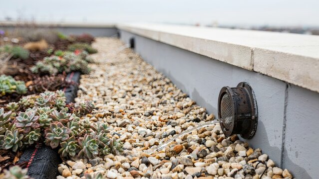Green roof installation features a layer of succulents and drainage stones along a modern concrete parapet wall edge.