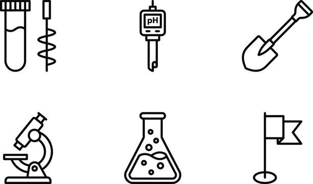 Soil testing laboratory icons with microscope and pH meter
