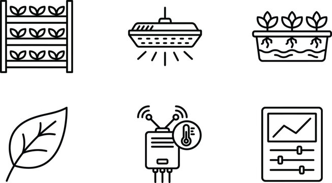Vertical farming hydroponic icons with LED grow light and sensor