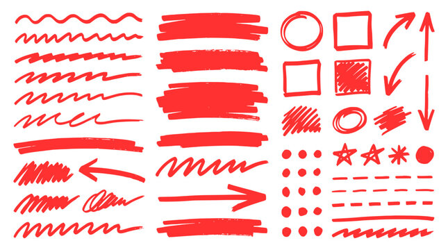 Red Scribble Highlight Lines Arrows and Stars Vector Set

