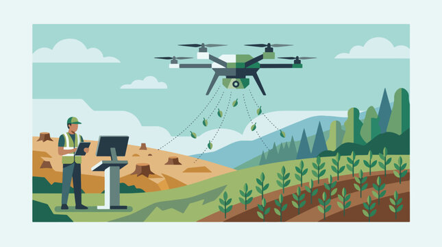 Professional technician operating a high tech drone for reforestation in a deforested landscape using digital tablet in flat vector illustration
