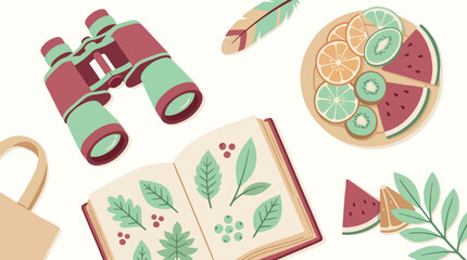 Flat lay of travel and nature themed objects and food. © Sem