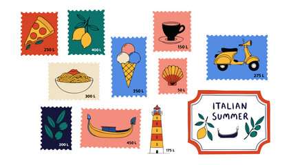 Very beautiful realistic vector illustration of an Italian Summer Doodle Postage Stamp Vector Set featuring vintage postcard-inspired food and travel illustrations including pizza, pasta, gelato, espr © williamnoah