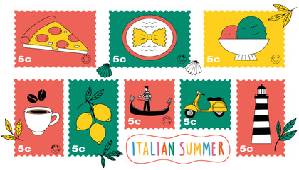 Very beautiful realistic vector illustration of an Italian Summer Doodle Postage Stamp Vector Set featuring vintage postcard-inspired food and travel illustrations including pizza, pasta, gelato, espr © williamnoah