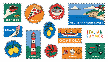 Very beautiful realistic vector illustration of an Italian Summer Doodle Postage Stamp Vector Set featuring vintage postcard-inspired food and travel illustrations including pizza, pasta, gelato, espr © williamnoah