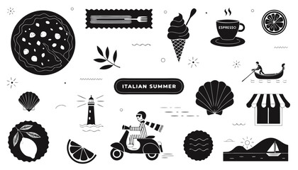Very beautiful black and white realistic vector illustration of an Italian Summer Doodle Postage Stamp Vector Set featuring vintage postcard-inspired food and travel illustrations including pizza, pas © williamnoah