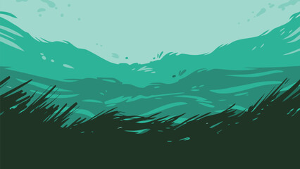Abstract wavy shapes in shades of teal and dark green, representing water or grass, with a flowing organic movement and a flat style © Shakib