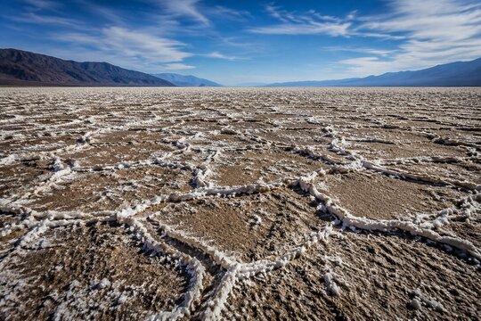 Sunlight on cracked salt flat with glittering white crystals, vast landscape.