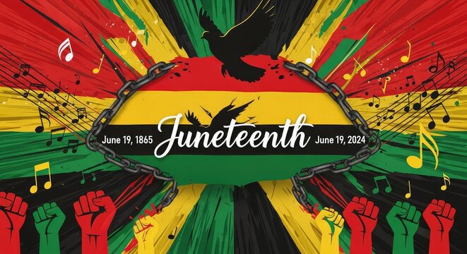 Juneteenth Freedom Day Celebration Banner with Pan-African Colors, Broken Chains, Raised Fists, and United States Map