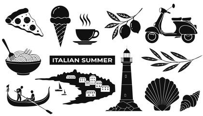 Very beautiful black and white realistic vector illustration of an Italian Summer Doodle Postage Stamp Vector Set featuring vintage postcard-inspired food and travel illustrations including pizza, pas © williamnoah