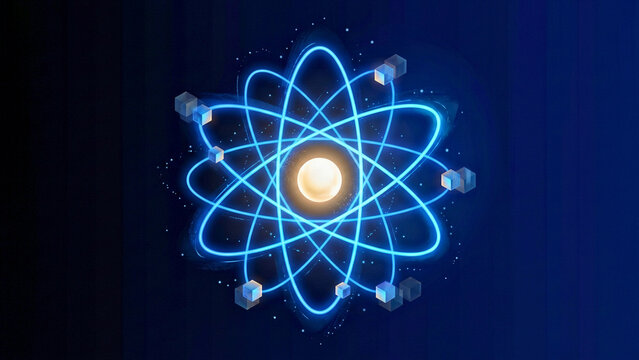 Quantum computing abstract visualization with atom orbital and qubit shapes vertical, quantum computing concept, qubit superposition concept, quantum technology abstract