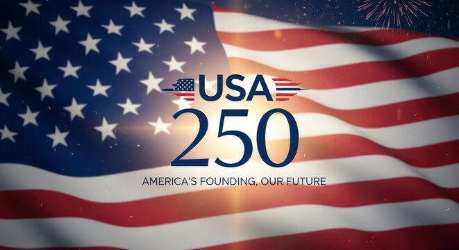 USA 250th Anniversary Commemorative Graphic with Waving American Flag and Fireworks Background, America's Founding Our Future