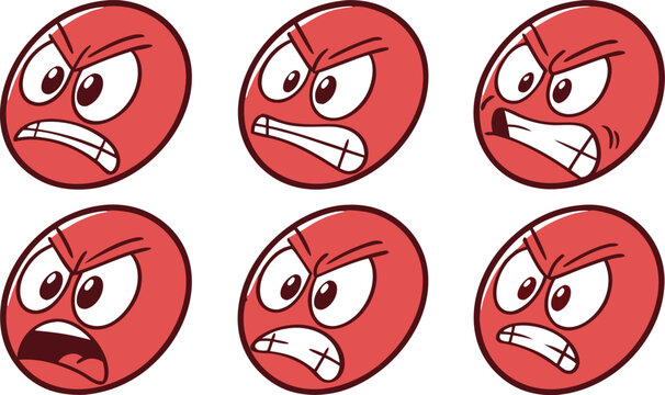 Set of six red circular emoticons displaying various angry and frustrated facial expressions with furrowed brows isolated on a white background