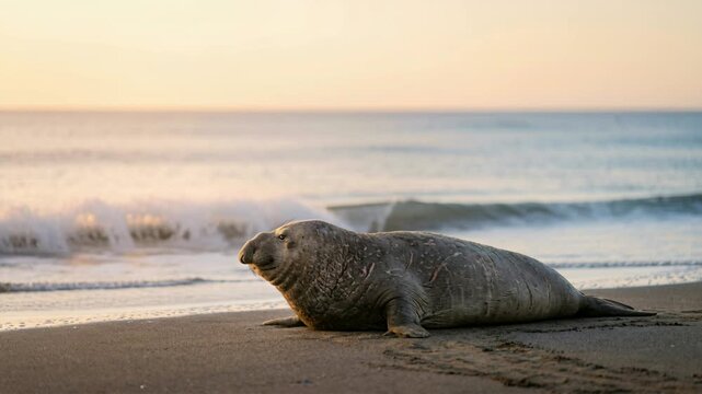 elephant seal resting on san simeon beach at soft morning light close up video