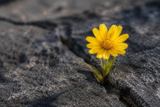 A yellow flower blooming from a crack in dark gray granite rock.