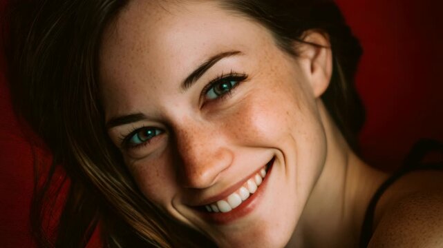Charming young lady with sparkling blue eyes and freckles on her cheek, smiling warmly at the viewer.