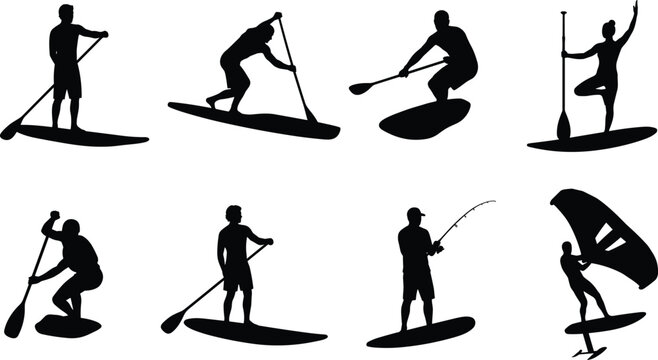 Stand Up Paddleboarding Silhouette Collection with SUP Surfing Fishing Yoga and Watersports Activities.
