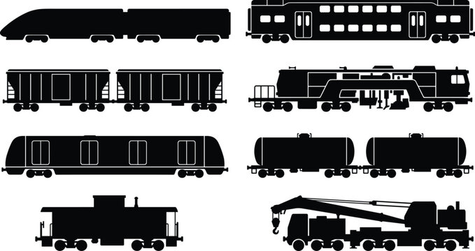 Railway Train Silhouette Collection with Passenger Freight Tanker Locomotive and Maintenance Rail Vehicles.