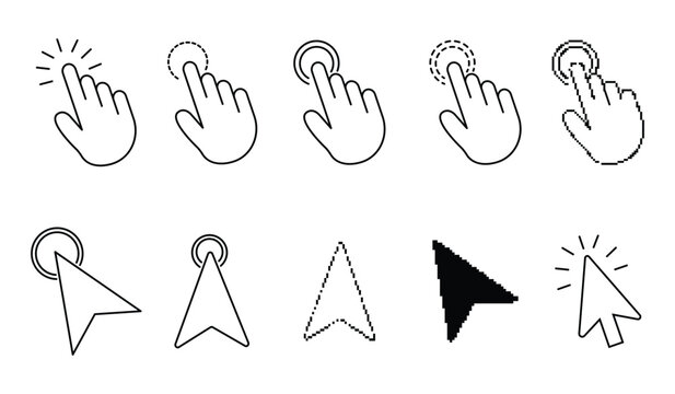 Cursor icons set. Cursor set in hand, arrow and mouse forms, mouse click cursor set, arrow and hand pointer. Vector illustration.