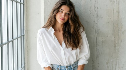 Fototapeta premium Casual Fashion Portrait: Woman in White Shirt and Jeans by a Window