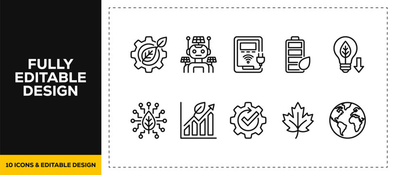 flat vector illustration line art icon bundle set design representing green technology leaves gears eco friendly environments sustainability and renewable graphics for UI