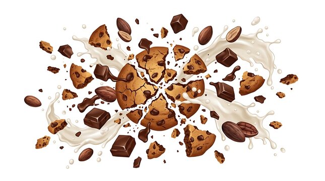 Exploding Chocolate Chip Cookie with Milk Splash and Flying Pieces.