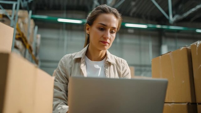 Professional woman using a laptop amidst stacks of boxes in an industrial environment
