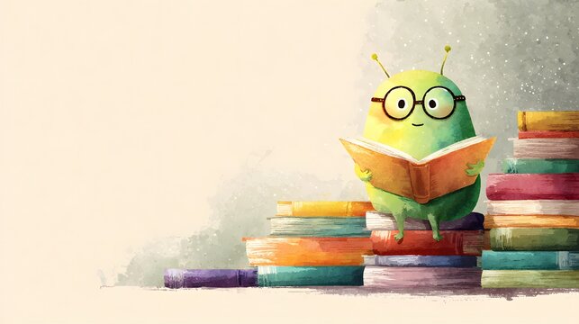 Cute bookworm reading on stack of books
