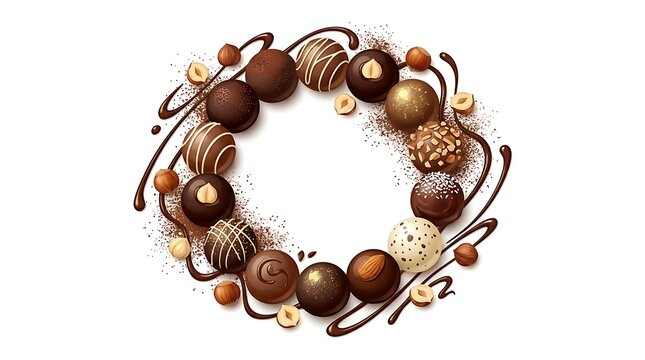 Gourmet Chocolate Truffles and Hazelnuts Arranged in a Festive Wreath Shape on White Background.