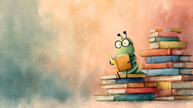 Cute bookworm reading on stack of books.