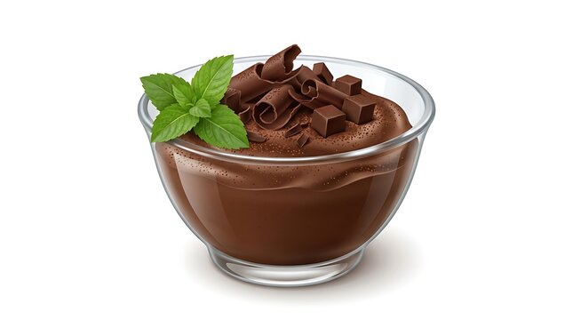 Delicious Chocolate Mousse Dessert with Mint Garnish in Glass Bowl.