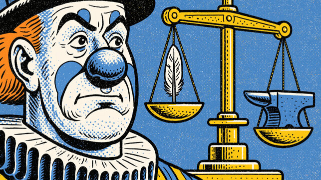 Fierce blue-faced clown portrait with golden balance scale behind him in bold comic art