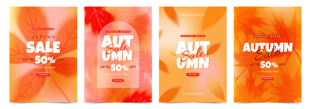Autumn sale vertical banner set with trendy blurred foliage backgrounds, typography text, discount offers and call to action buttons. Modern minimalist seasonal flyers for fall promotion social media