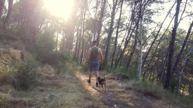 Hombre paseando con su perro por un sendero en el bosque