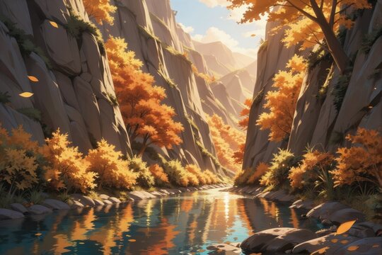 Autumn Canyon River with Golden Foliage and Sunlit Cliffs, Anime Landscape, Generative AI