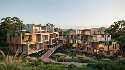 Fototapeta premium Apartment complex architecture integrates modern sustainable wood design with lush green landscaping at golden hour.