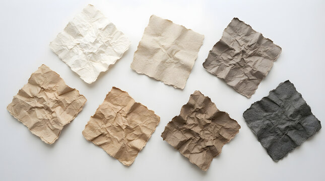 Textured Paper Fragments: A collection of crumpled paper pieces, each with unique texture and color, arranged in a visually appealing scattered pattern, suggesting creativity and imperfection.