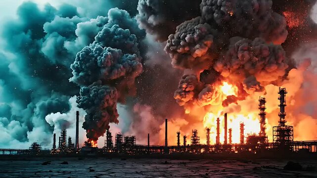 Industrial refinery complex engulfed in a massive fire with billowing toxic smoke. Thick plumes of black and orange smoke rise from an exploding chemical plant. Concept of industrial disaster.