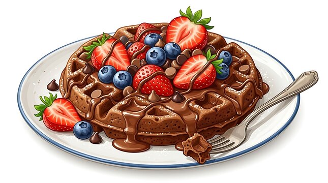 Delicious Chocolate Waffle Topped with Fresh Berries and Chocolate Drizzle.