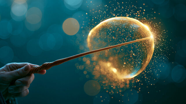 Hand holding a wooden magic wand creating a glowing golden bubble with sparkles.